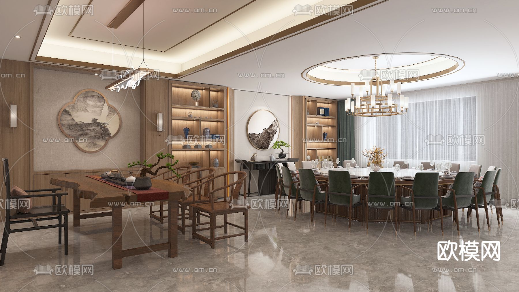 新中式 餐厅包间3d模型下载（渲染图1）
