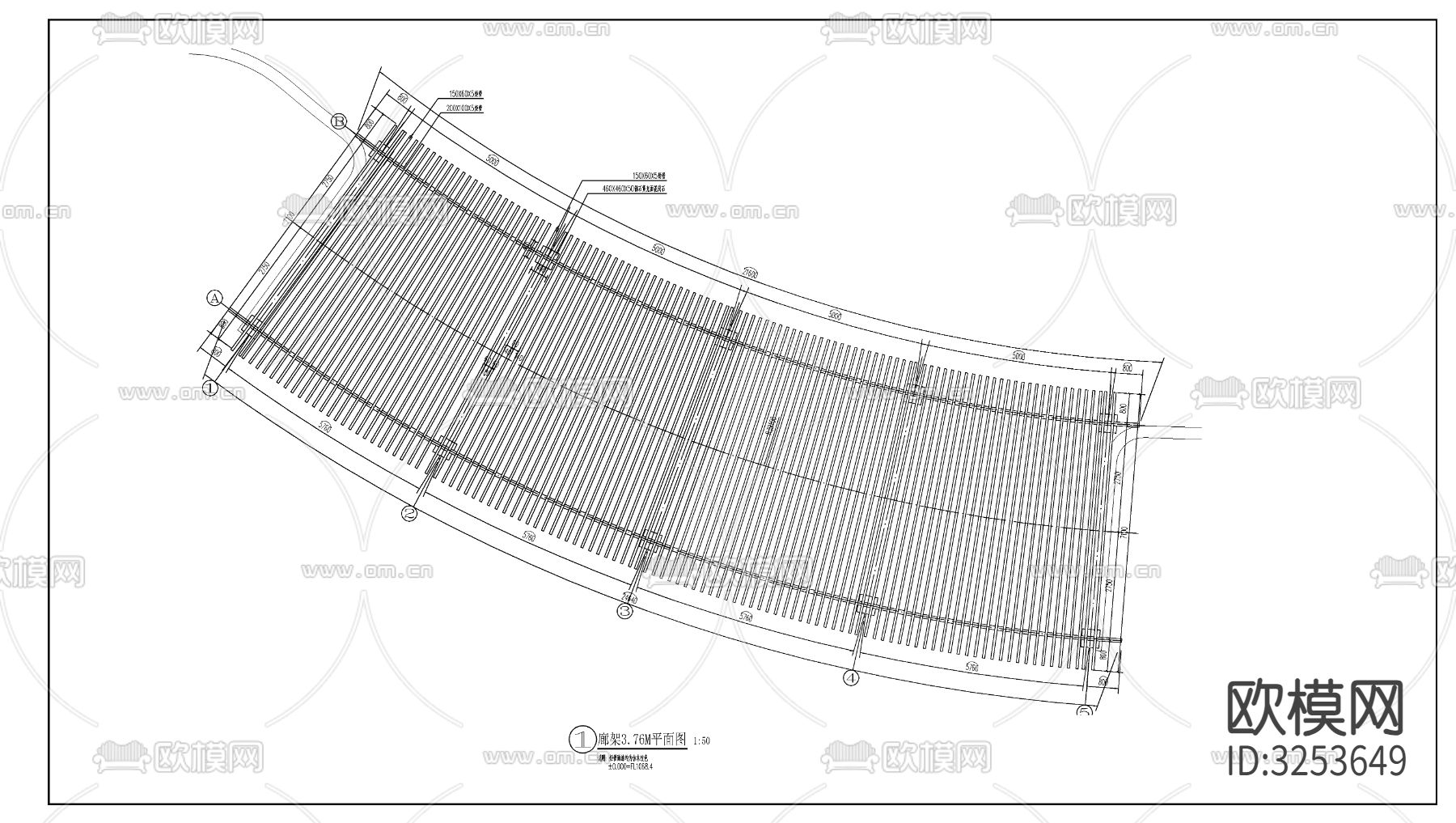 现代玻璃顶廊架cad平面图下载（渲染图3）