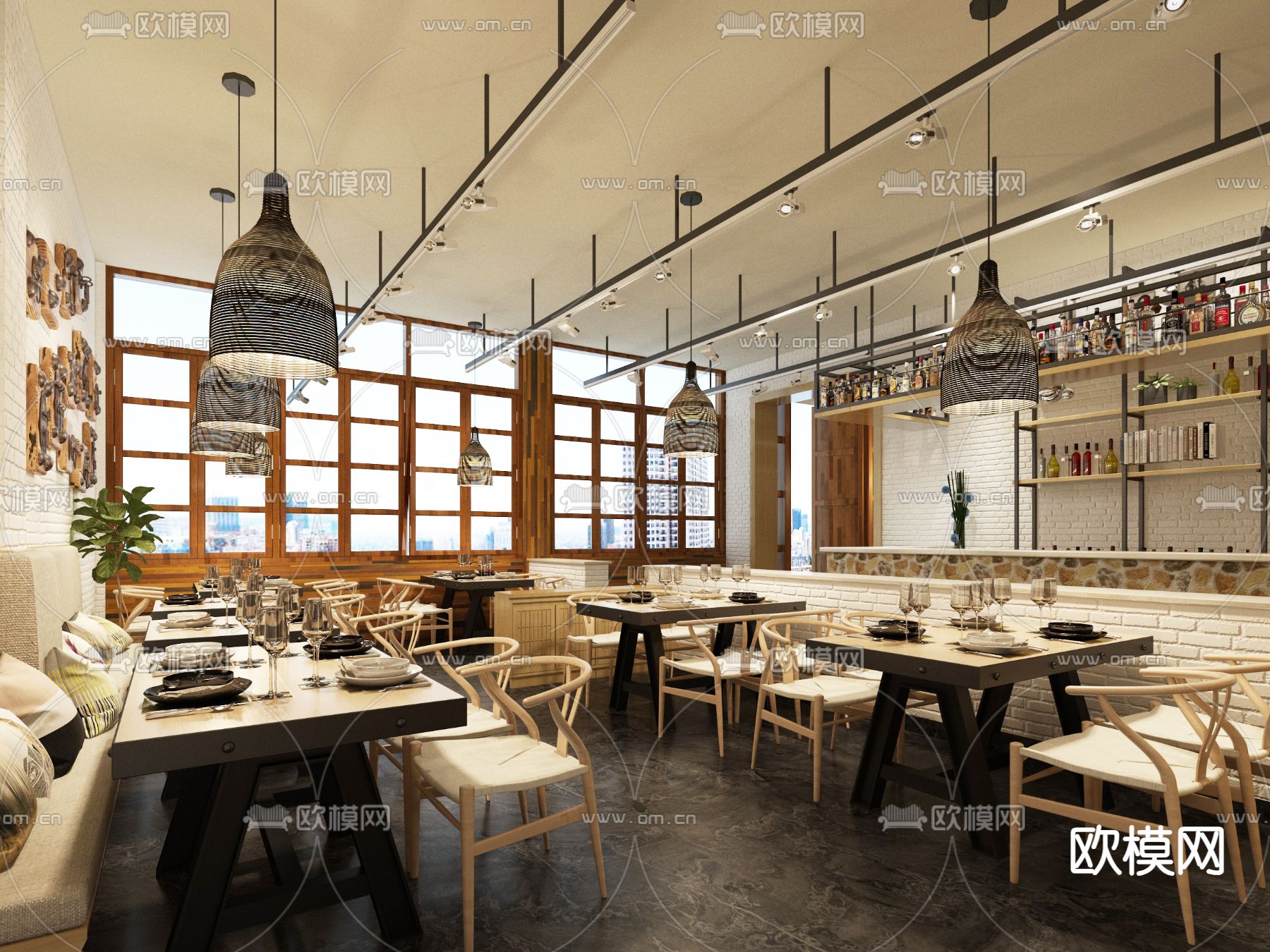 工业风西餐厅3d模型下载（渲染图1）