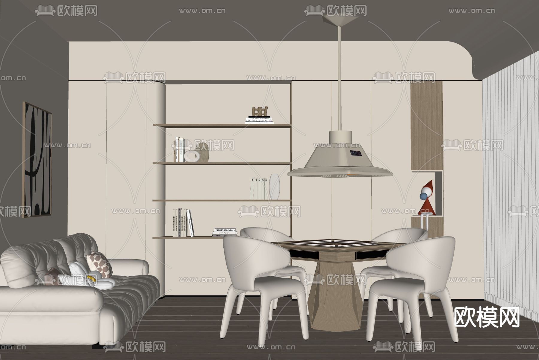 奶油风棋牌室 麻将房su模型下载（渲染图1）