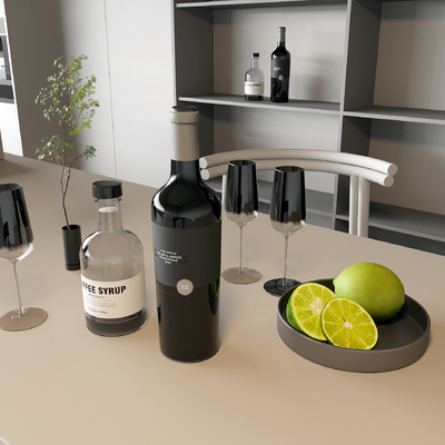  酒瓶 酒杯 水果 果盘su模型 