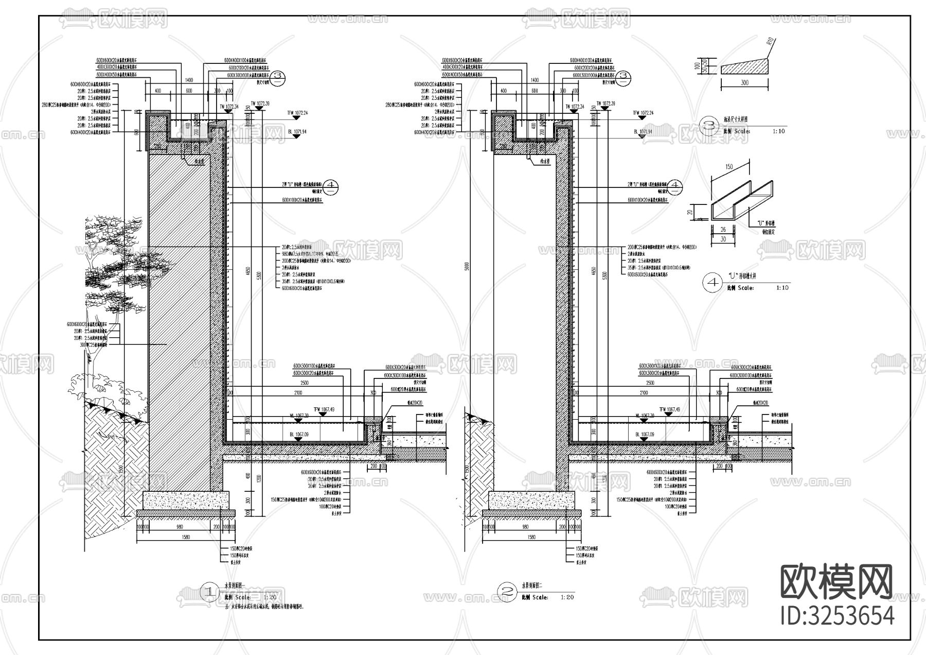 入口水景景墙cad立面图下载（渲染图2）