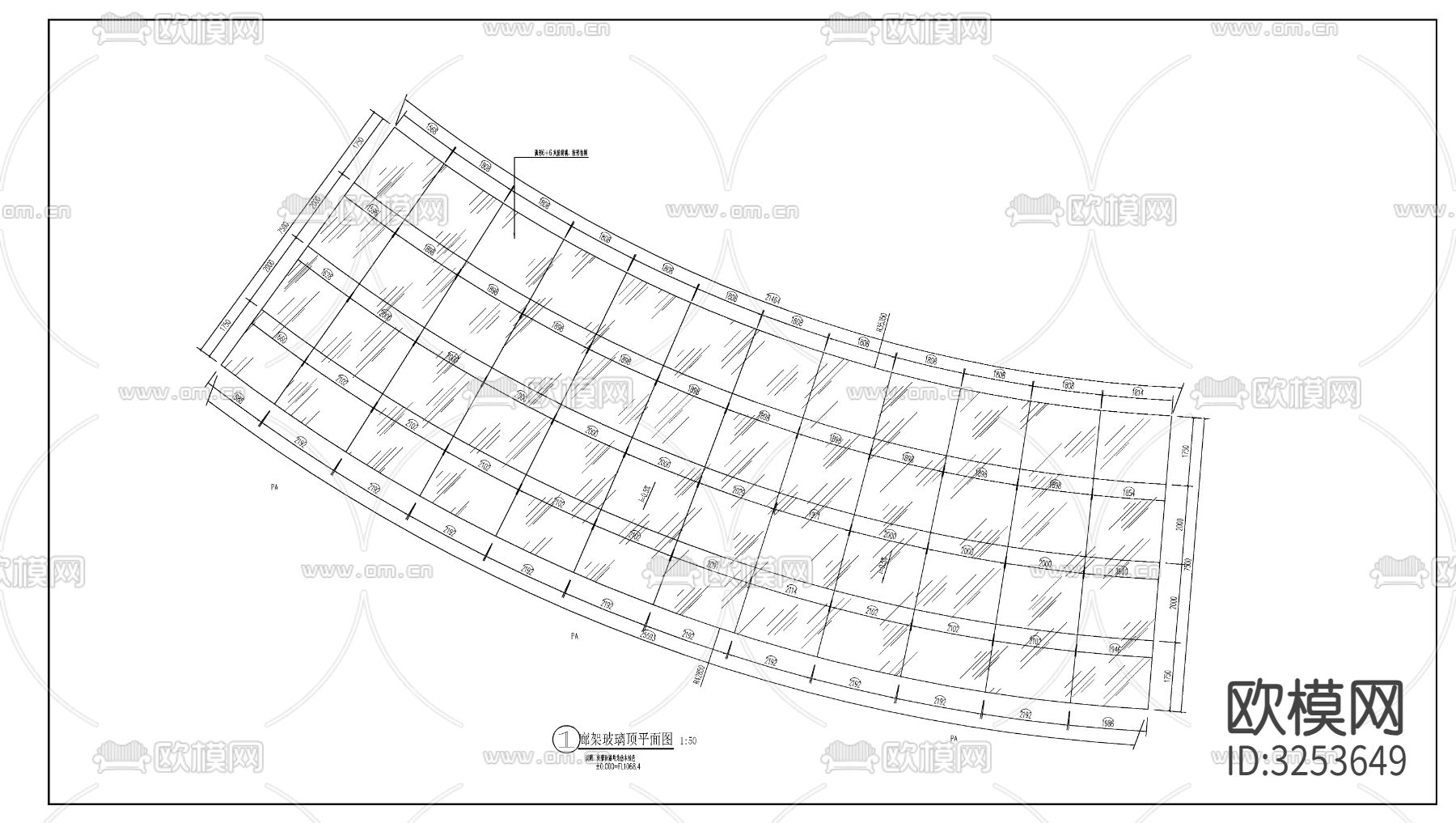 现代玻璃顶廊架cad平面图下载（渲染图2）
