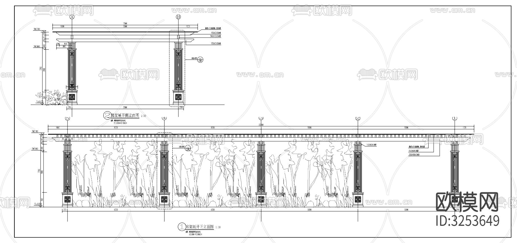 现代玻璃顶廊架cad平面图下载（渲染图4）