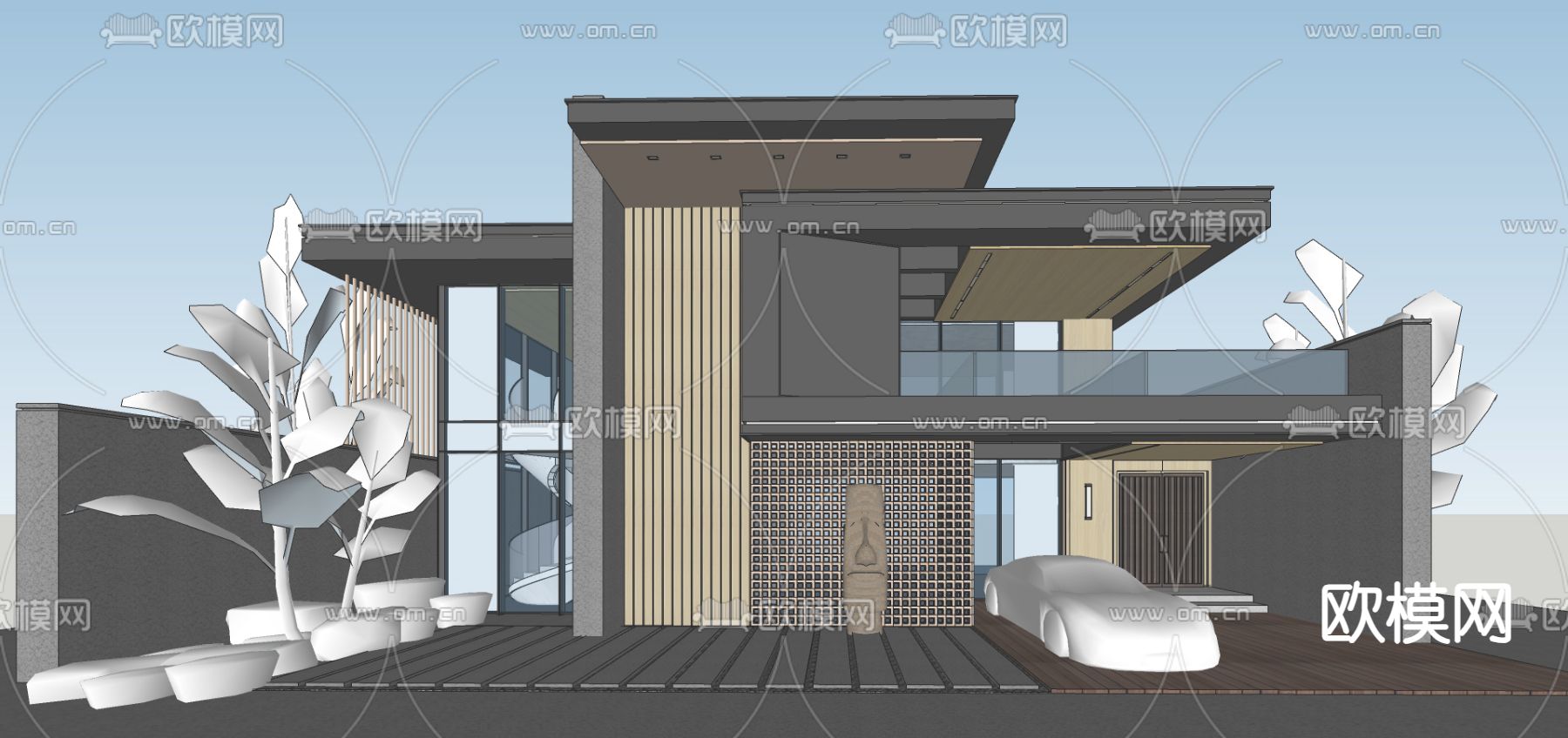 现代独栋别墅su模型下载（渲染图1）