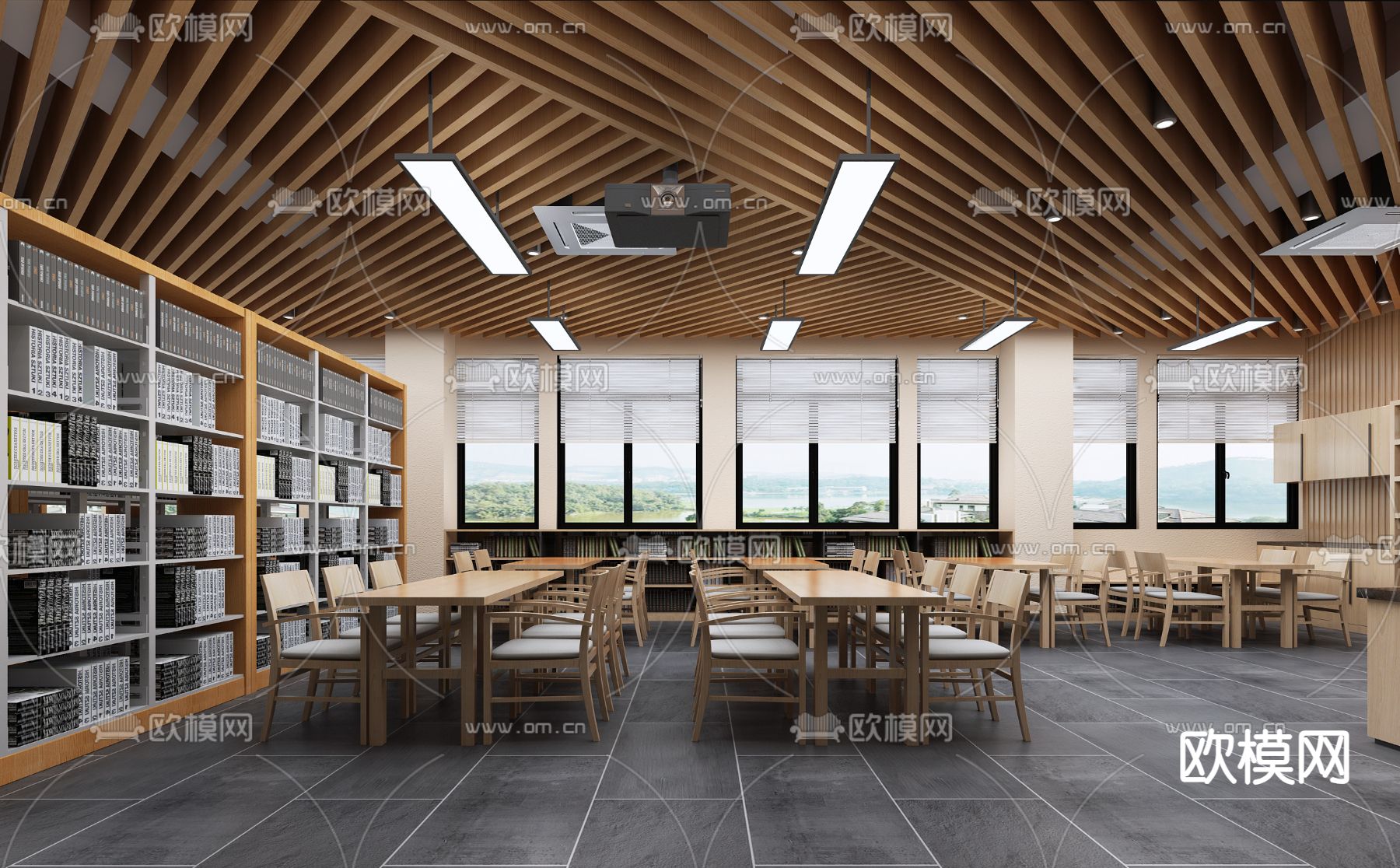新中式图书馆 阅读室3d模型下载（渲染图1）