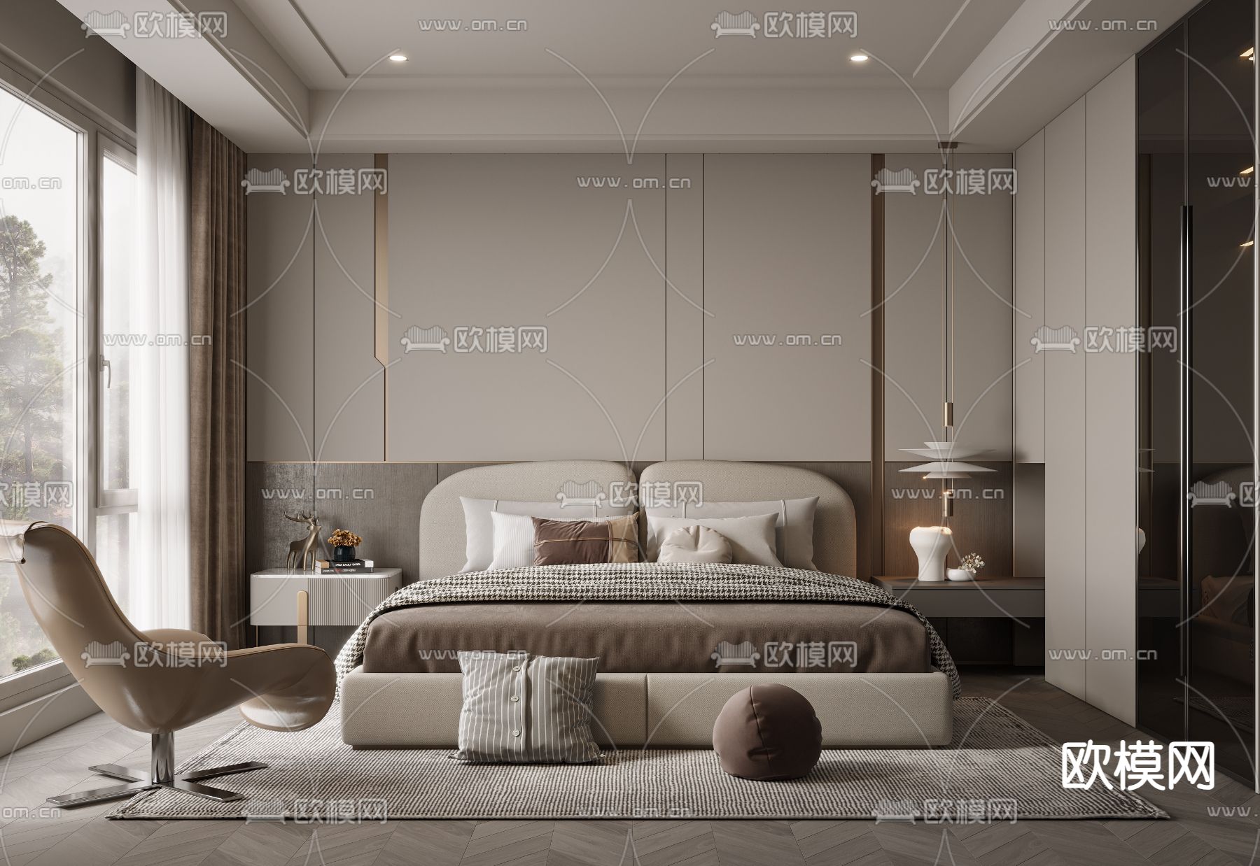 现代卧室 主人房 主卧3d模型下载（渲染图1）
