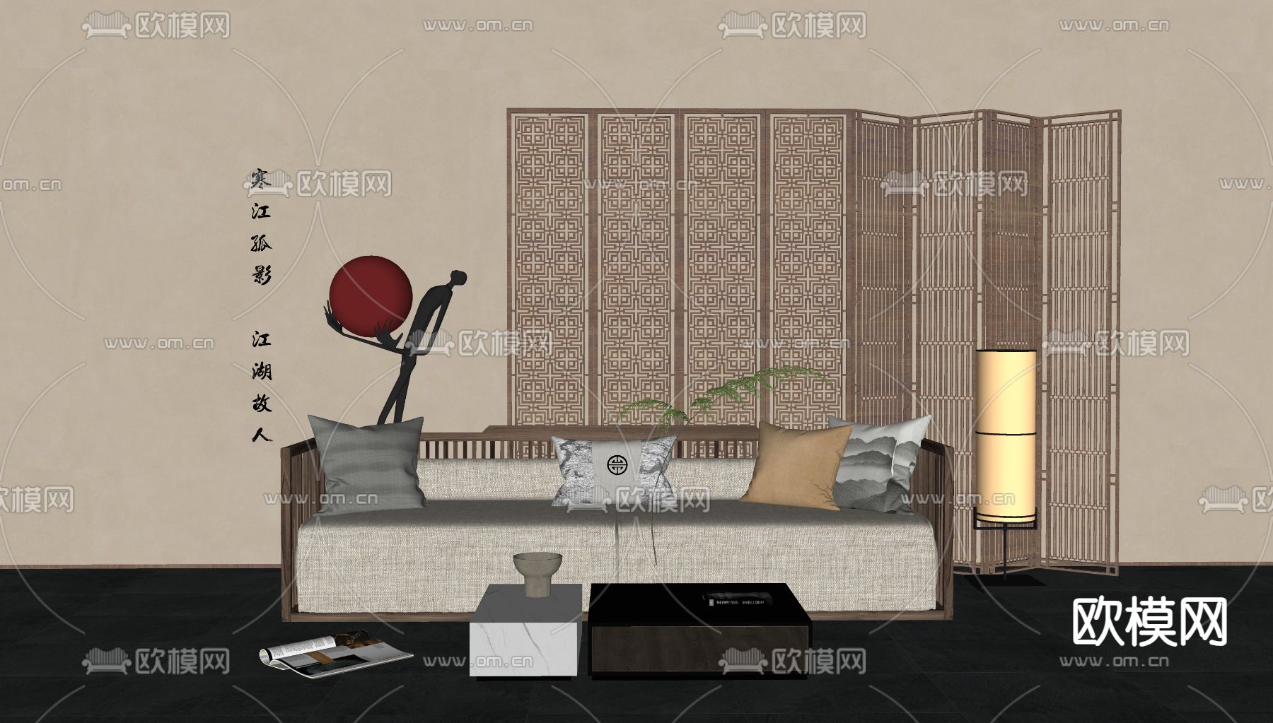 中式休闲沙发su模型下载（渲染图1）
