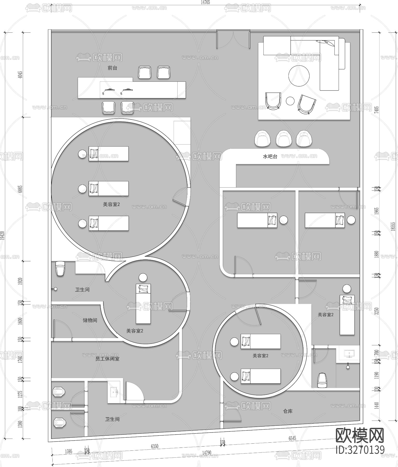 养身护肤健康中心 cad平面图下载（渲染图1）