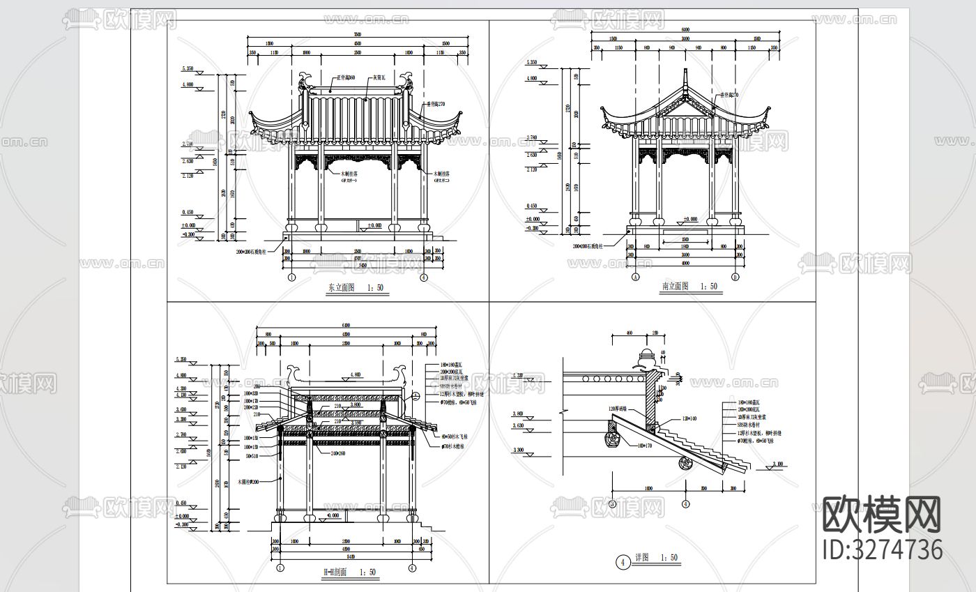 古建方亭cad施工图下载（渲染图2）