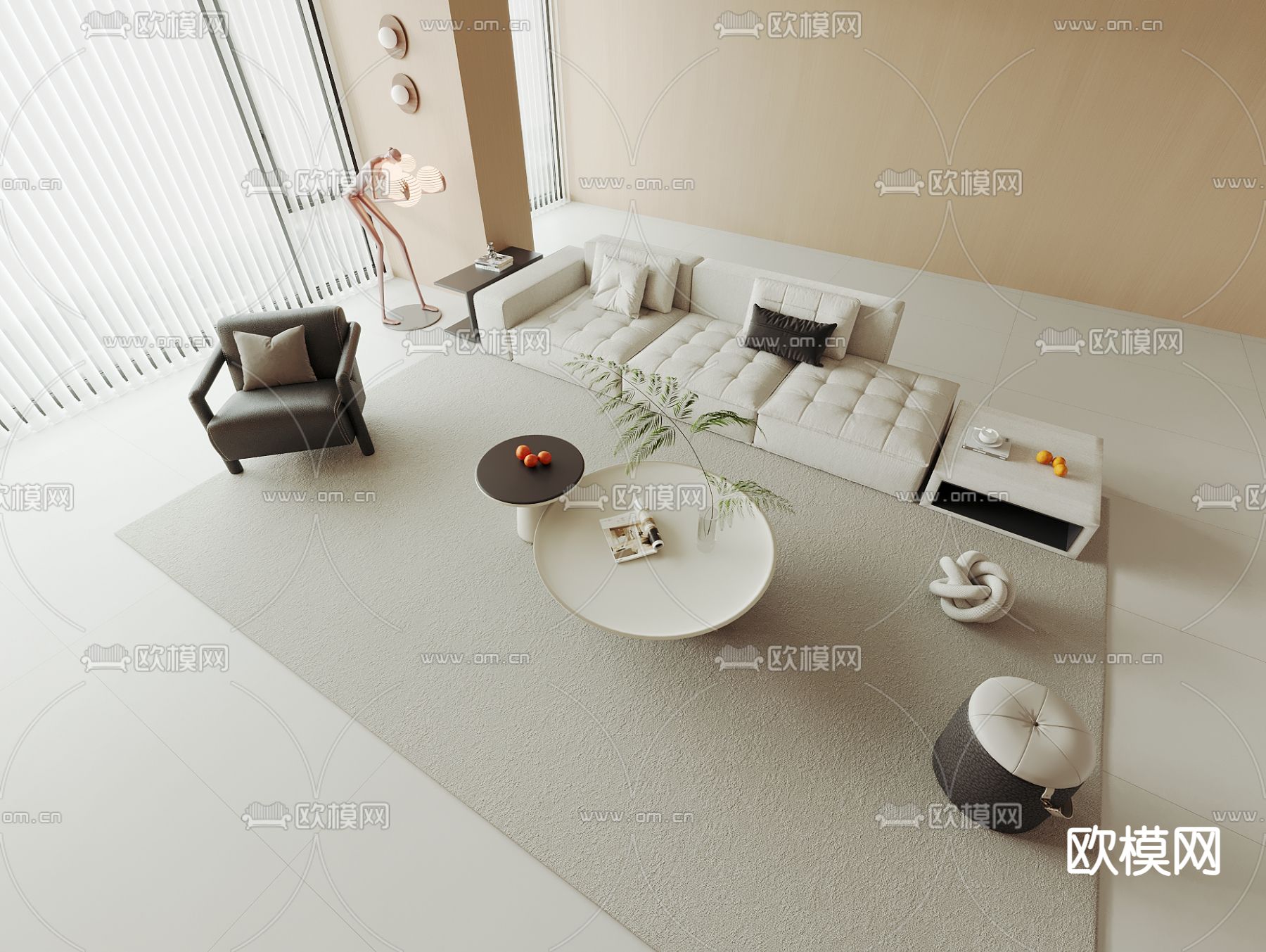 奶油风沙发 多人沙发3d模型下载