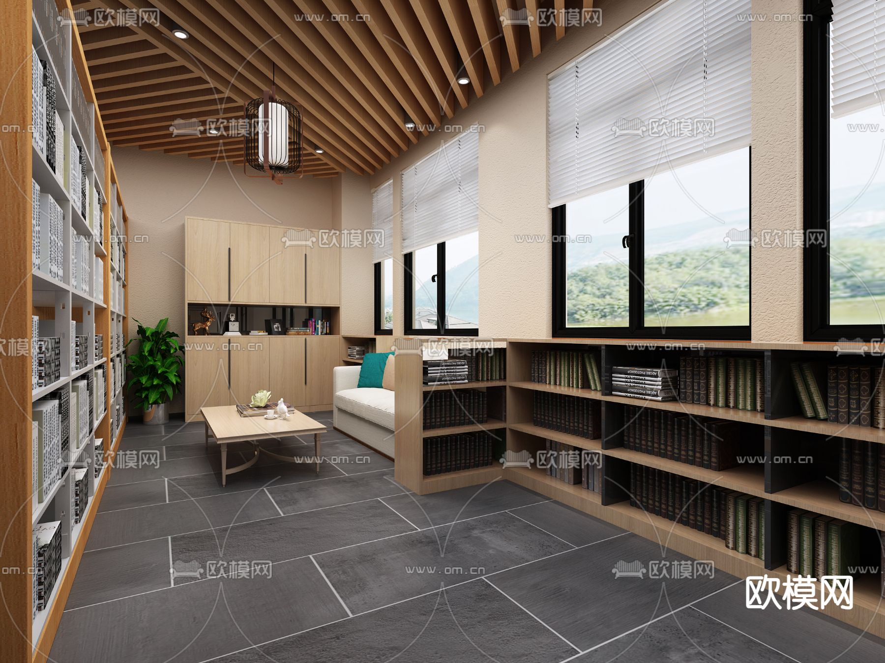 新中式图书馆 阅读室3d模型下载（渲染图4）