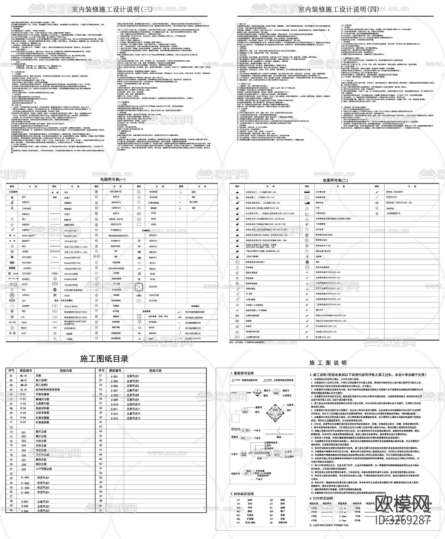 家装施工材料表说明目录图例说明cad平面图下载（渲染图3）
