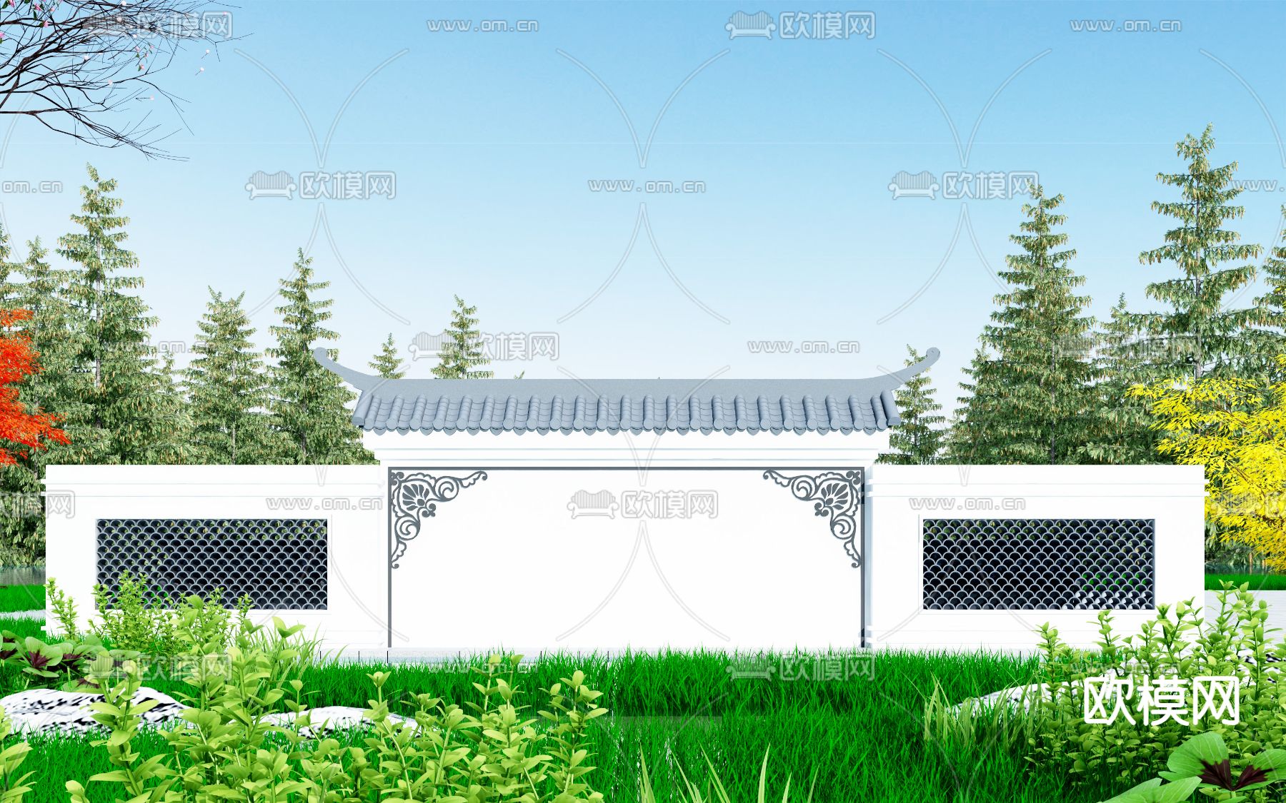 中式景墙 围墙3d模型下载