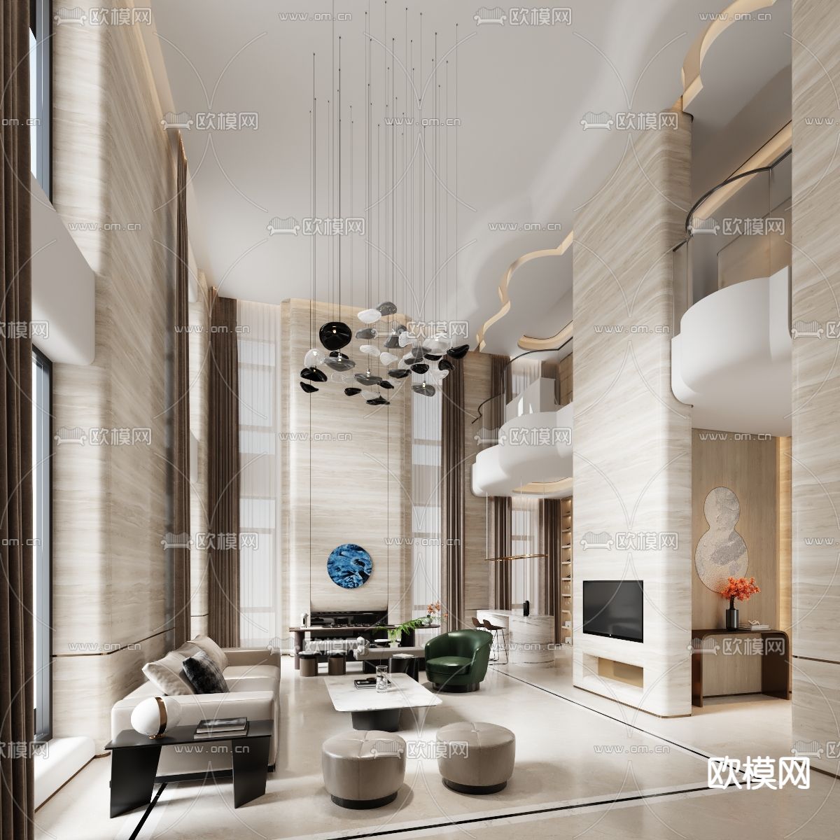 别墅大堂 别墅客厅3d模型下载（渲染图1）