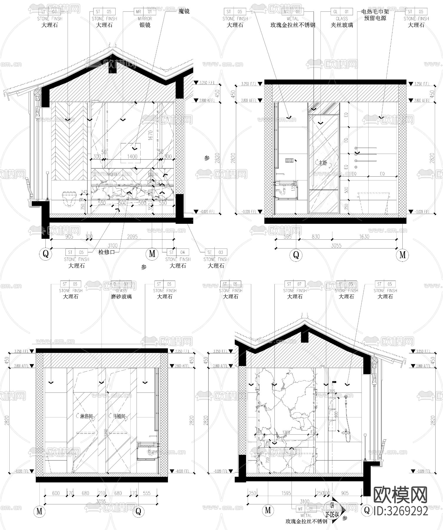 家装卫生间厕所cad立面图下载（渲染图1）