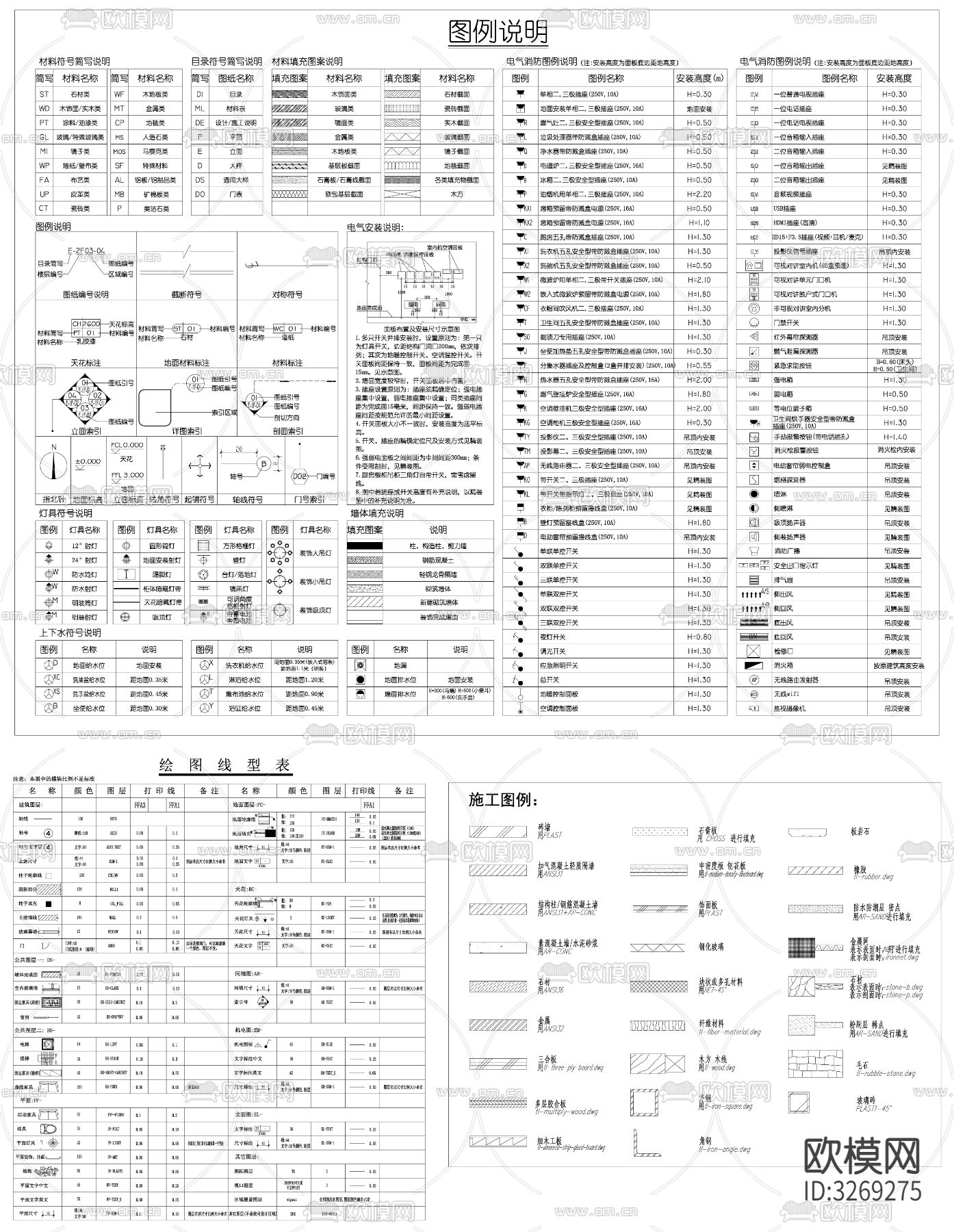家装施工表说明目录图例说明cad平面图下载（渲染图7）