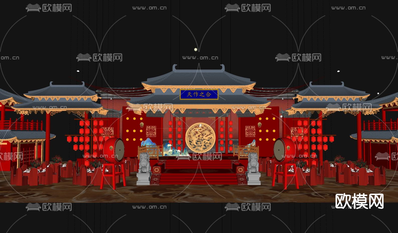 中式婚礼宴会厅su模型下载（渲染图1）