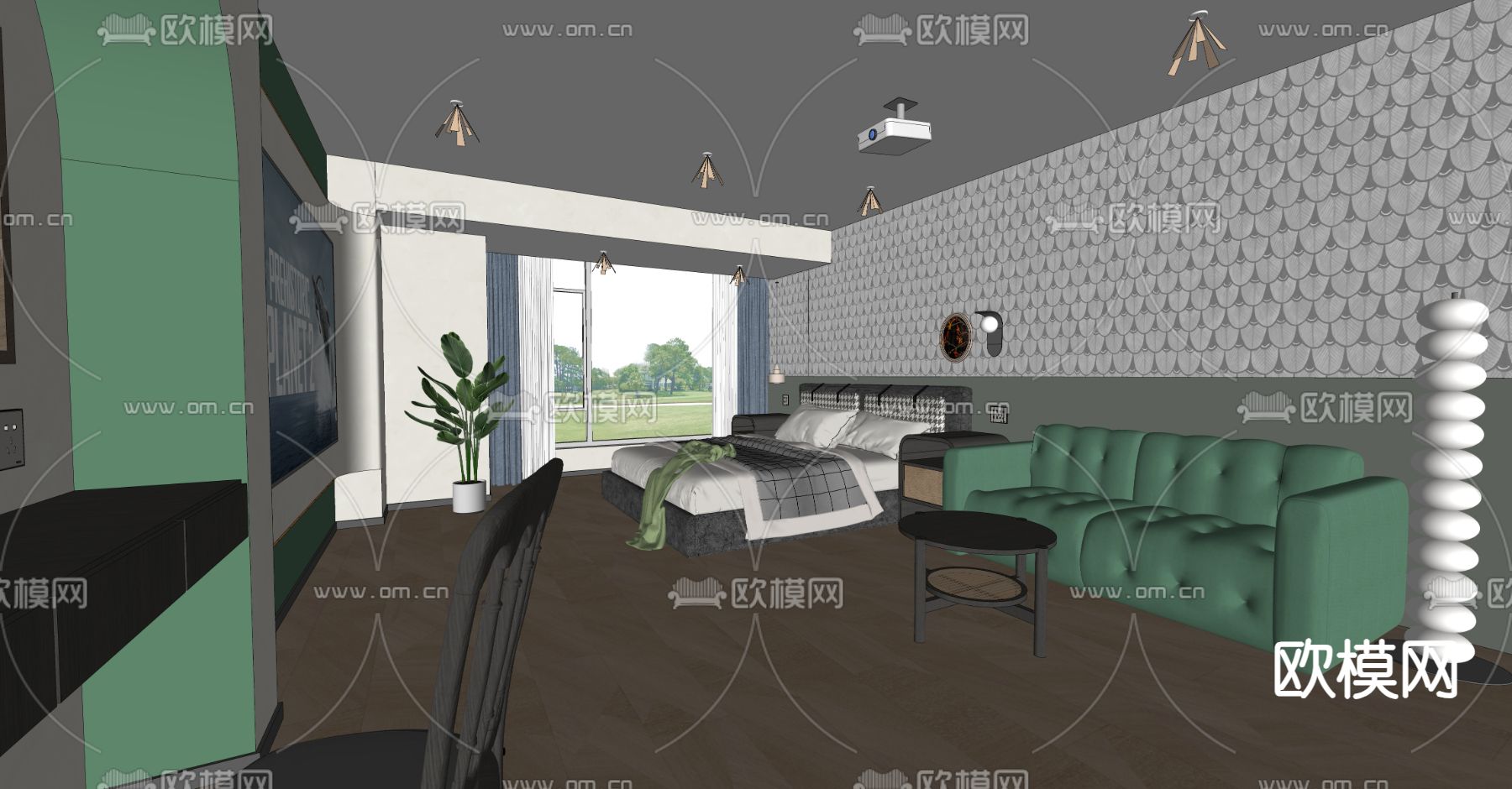 现代民宿 卧室 客房su模型下载（渲染图1）
