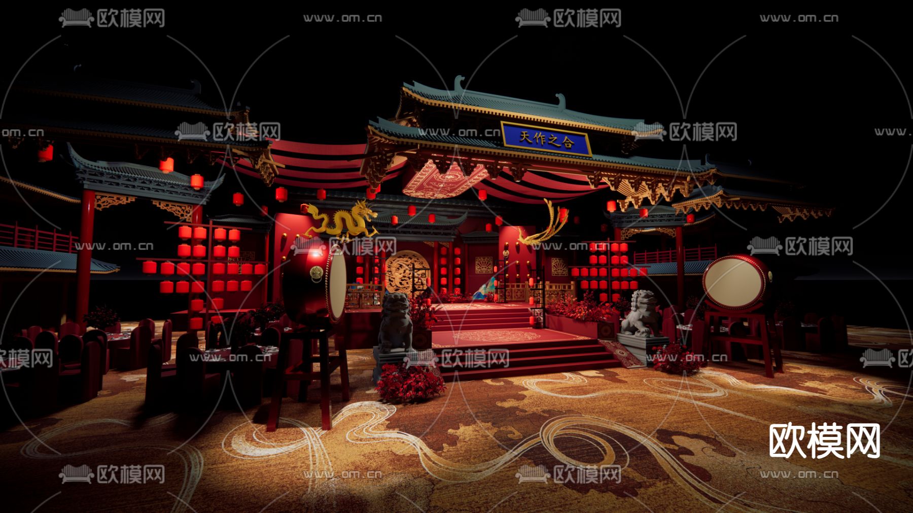中式婚礼宴会厅su模型下载（渲染图2）