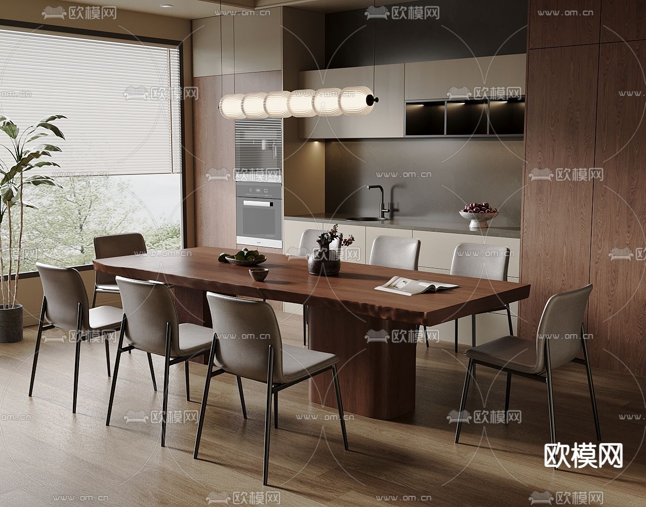 中古风餐桌椅 条形餐桌3d模型下载（渲染图1）