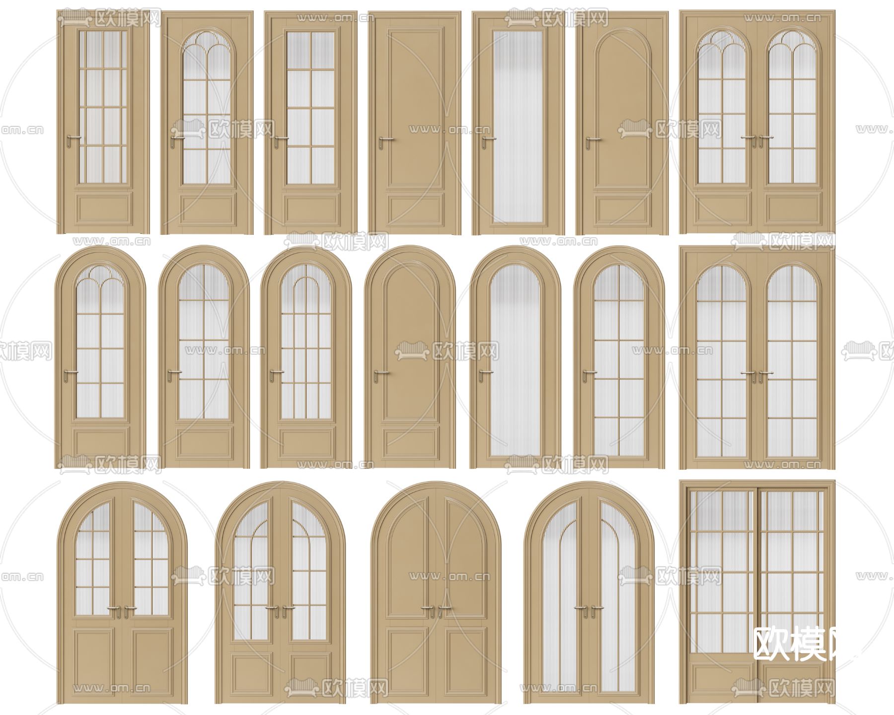 奶油风卧室门 双开门 玻璃门3d模型下载