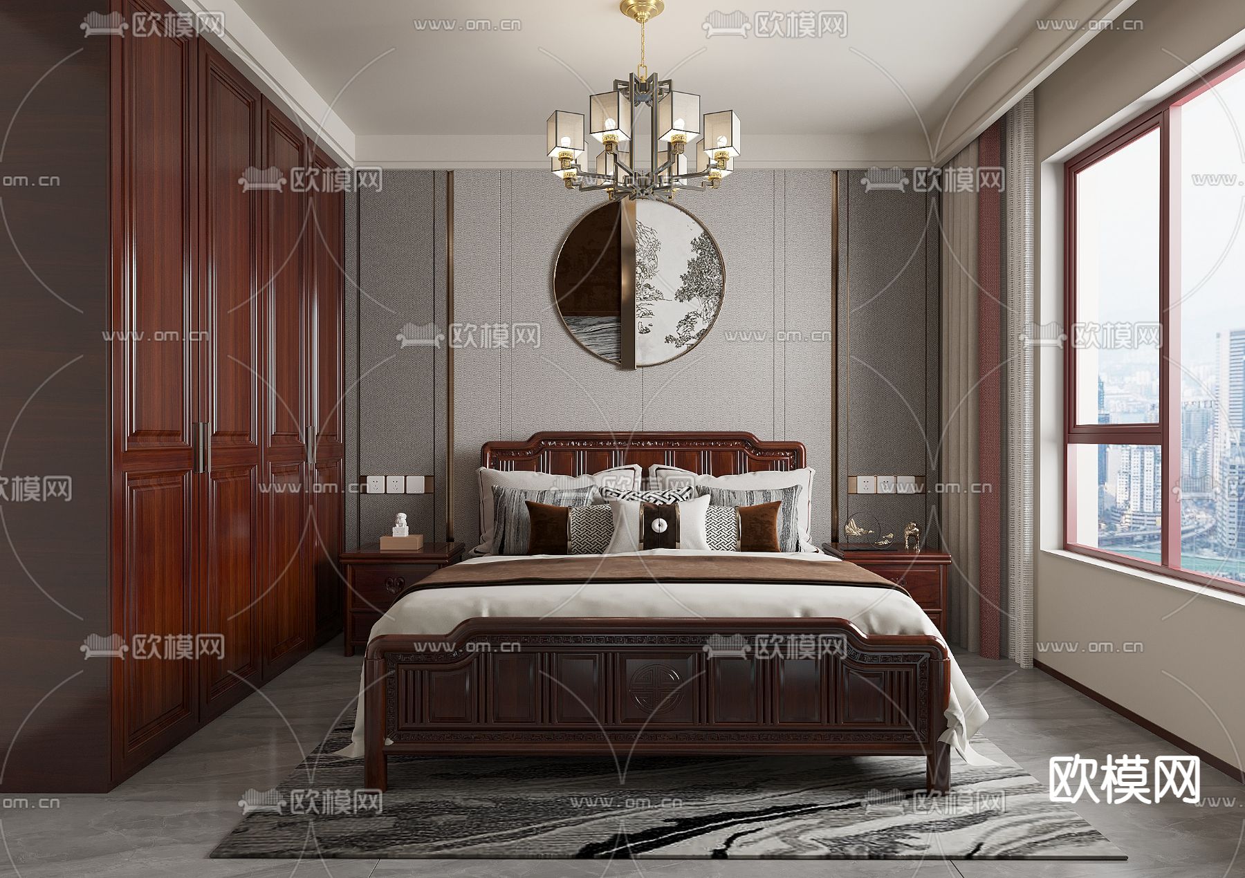 中式卧室 主卧 主人房su模型下载（渲染图1）