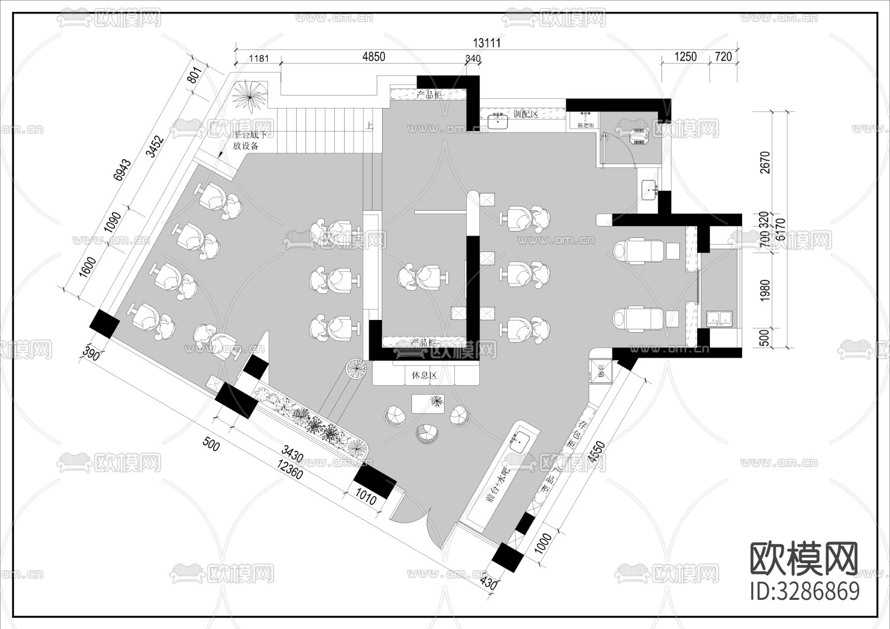 240平方的美容美发综合店cad平面图下载（渲染图1）