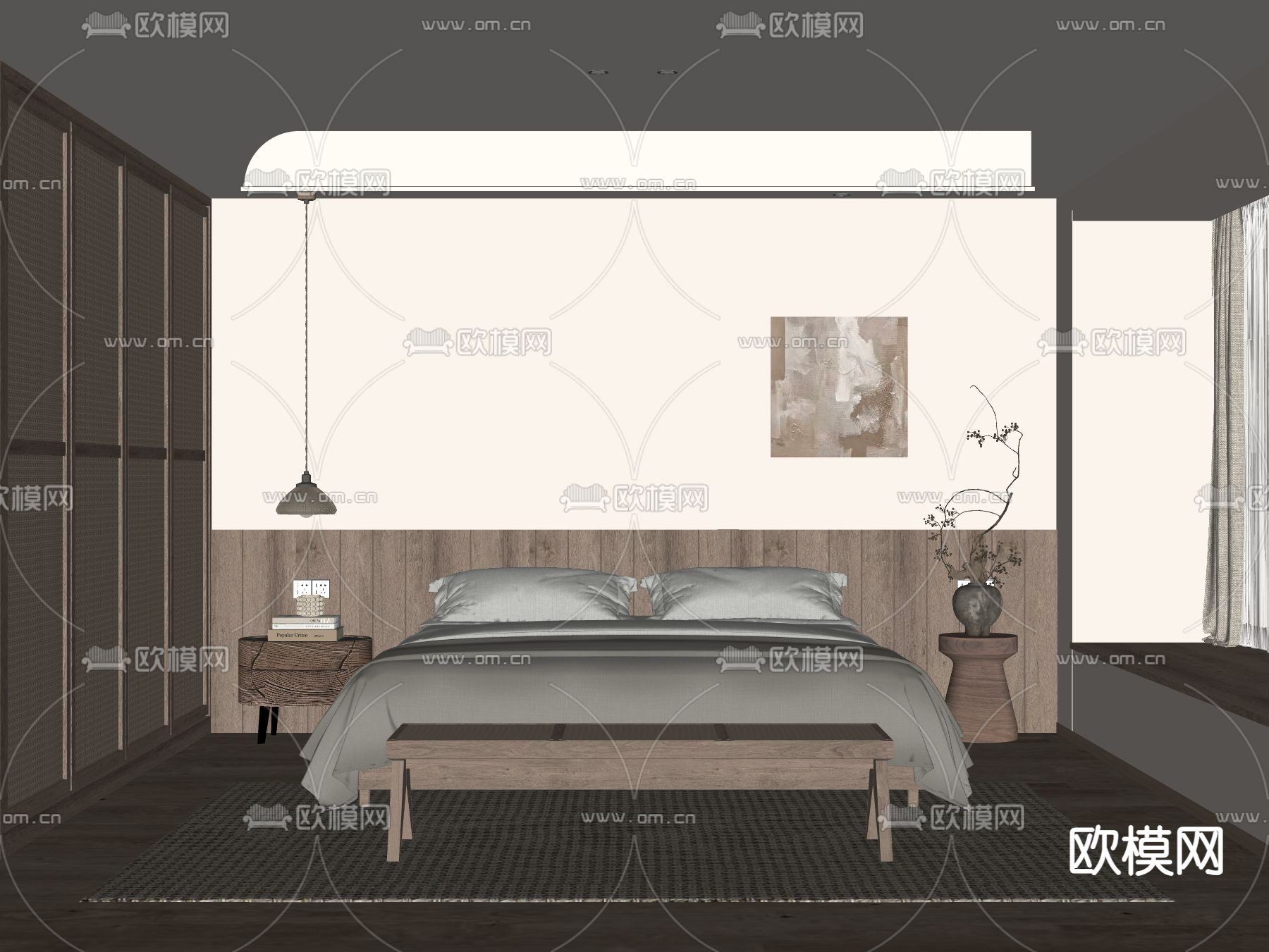 侘寂风卧室 主卧 主人房su模型下载（渲染图2）