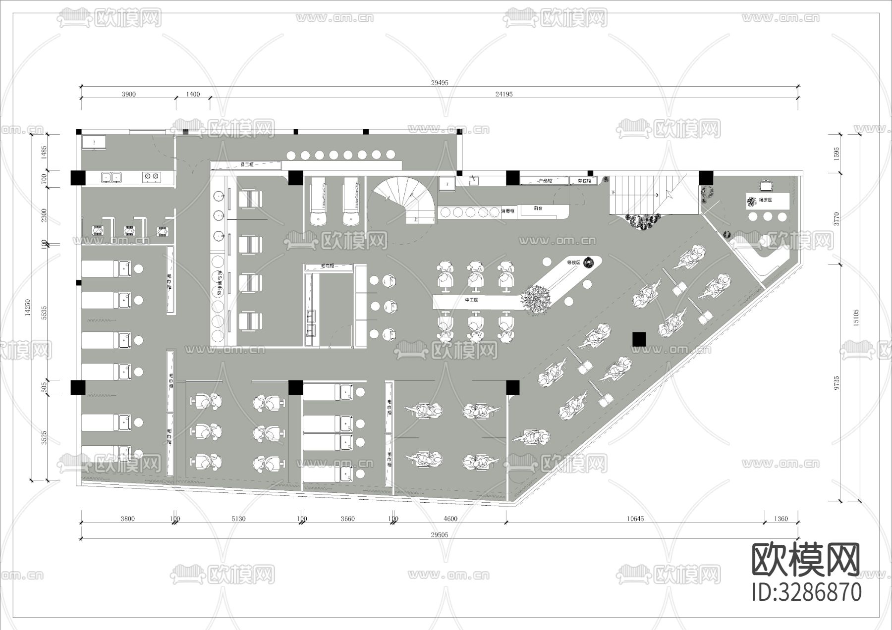 370平方的美容美发综合店cad平面图下载