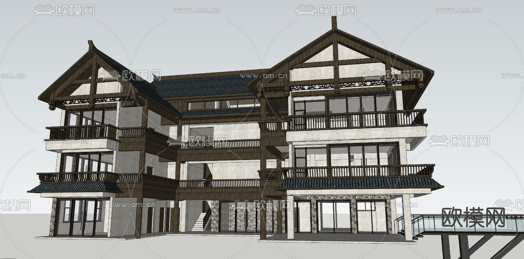 中式民宿建筑 滨水客栈su模型下载（渲染图1）