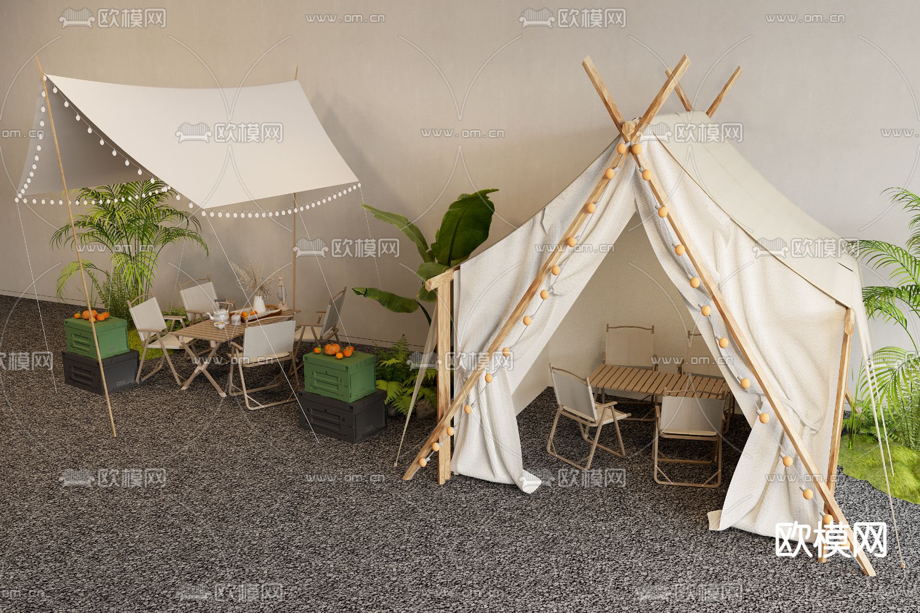 现代露营帐篷 户外折叠桌椅su模型下载（渲染图2）