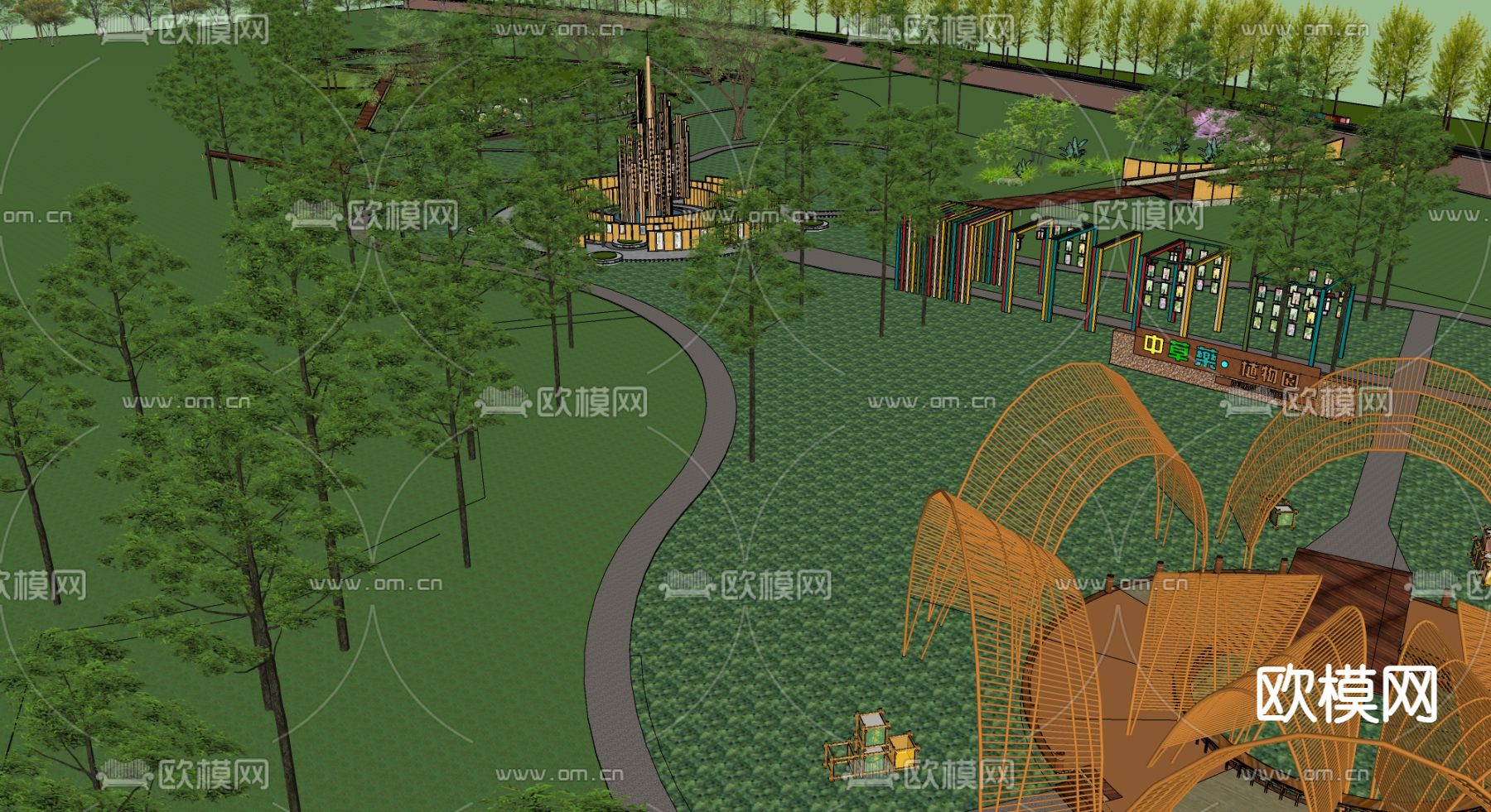 中医药 文化景观公园 药草科普园su模型下载（渲染图1）