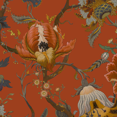  红色花艺壁纸墙布 
