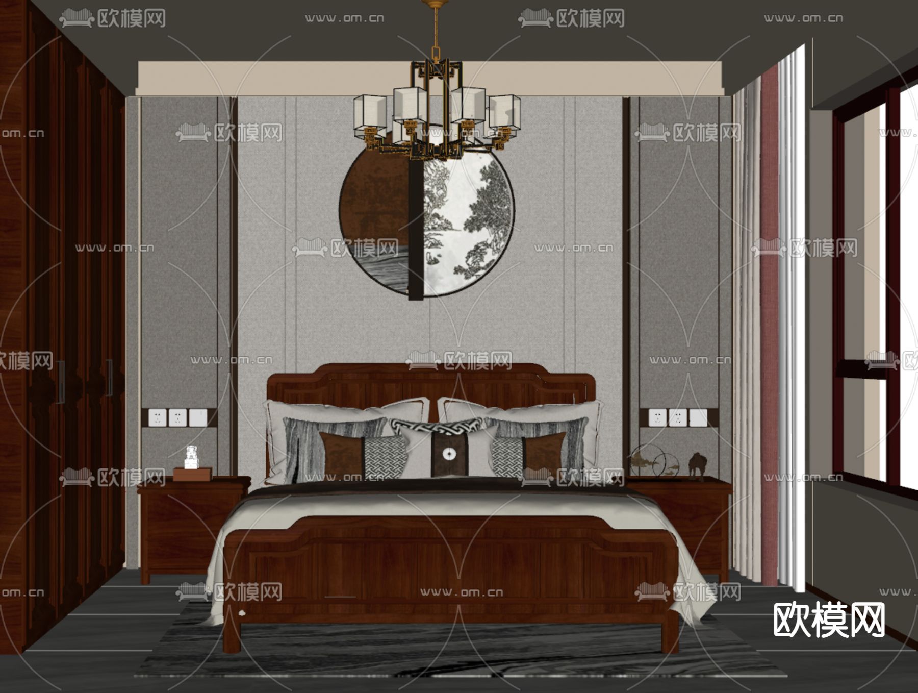 中式卧室 主卧 主人房su模型下载（渲染图2）