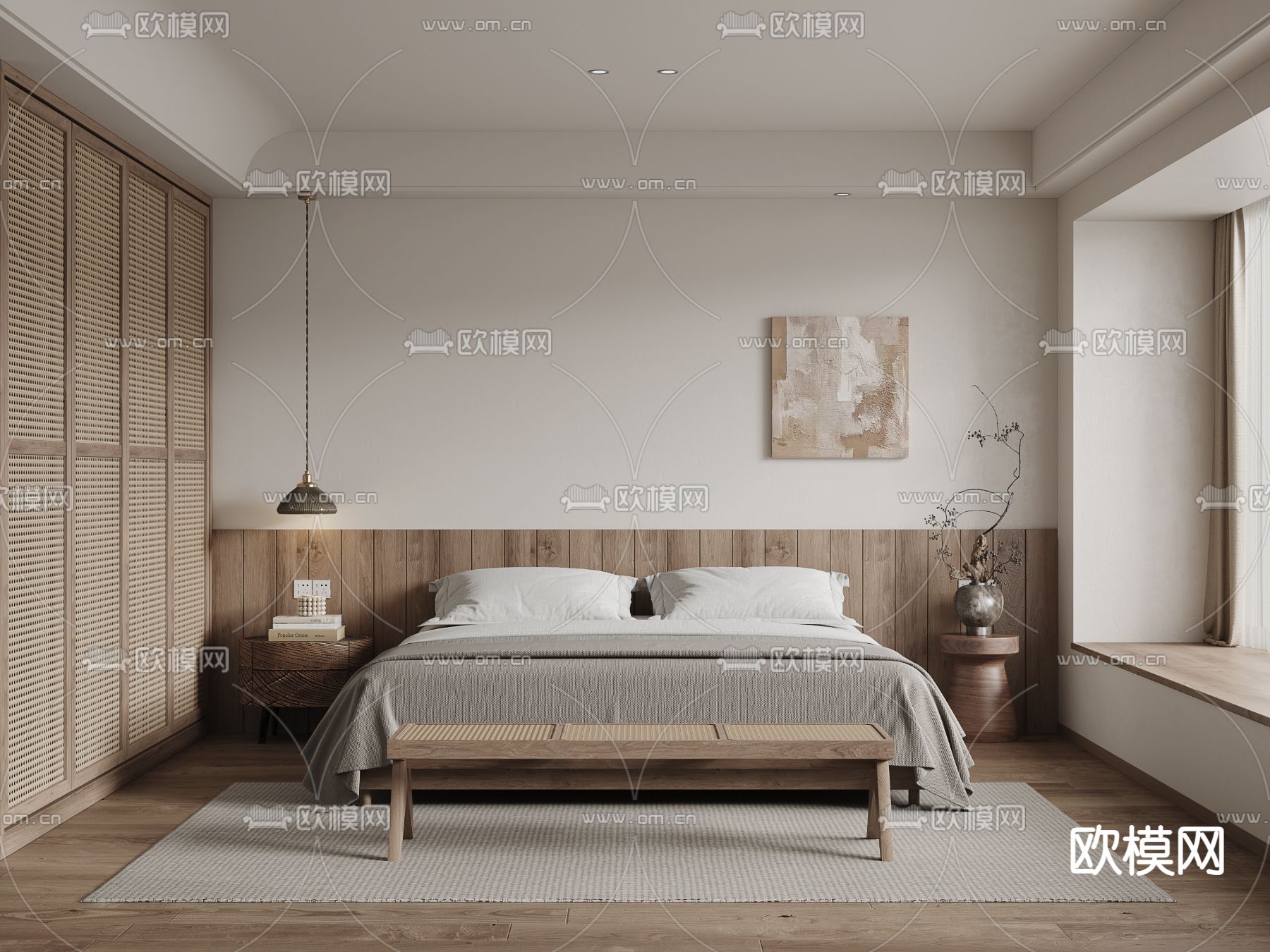 侘寂风卧室 主卧 主人房su模型下载（渲染图1）