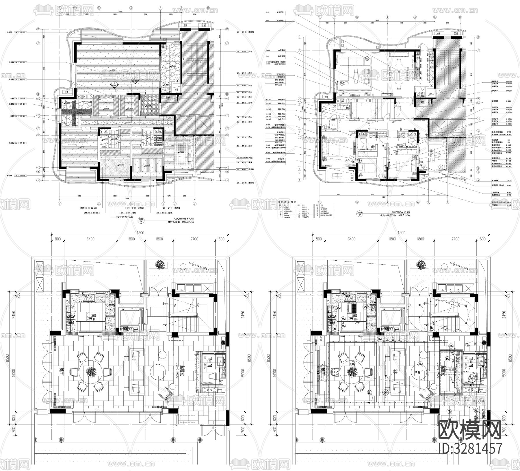 家具布置强电弱电给排水插座空调布局cad施工图下载（渲染图4）