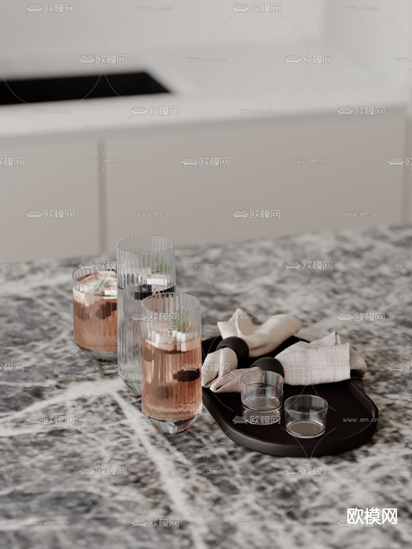 水杯 酒水 托盘 毛巾su模型下载（渲染图2）