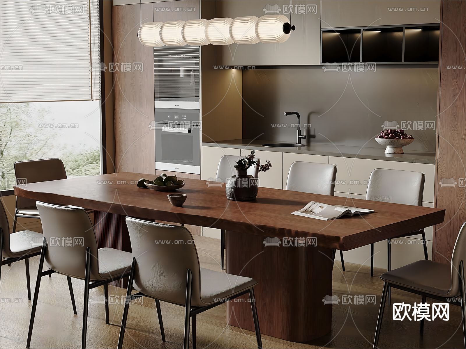 中古风餐桌椅 条形餐桌3d模型下载（渲染图3）