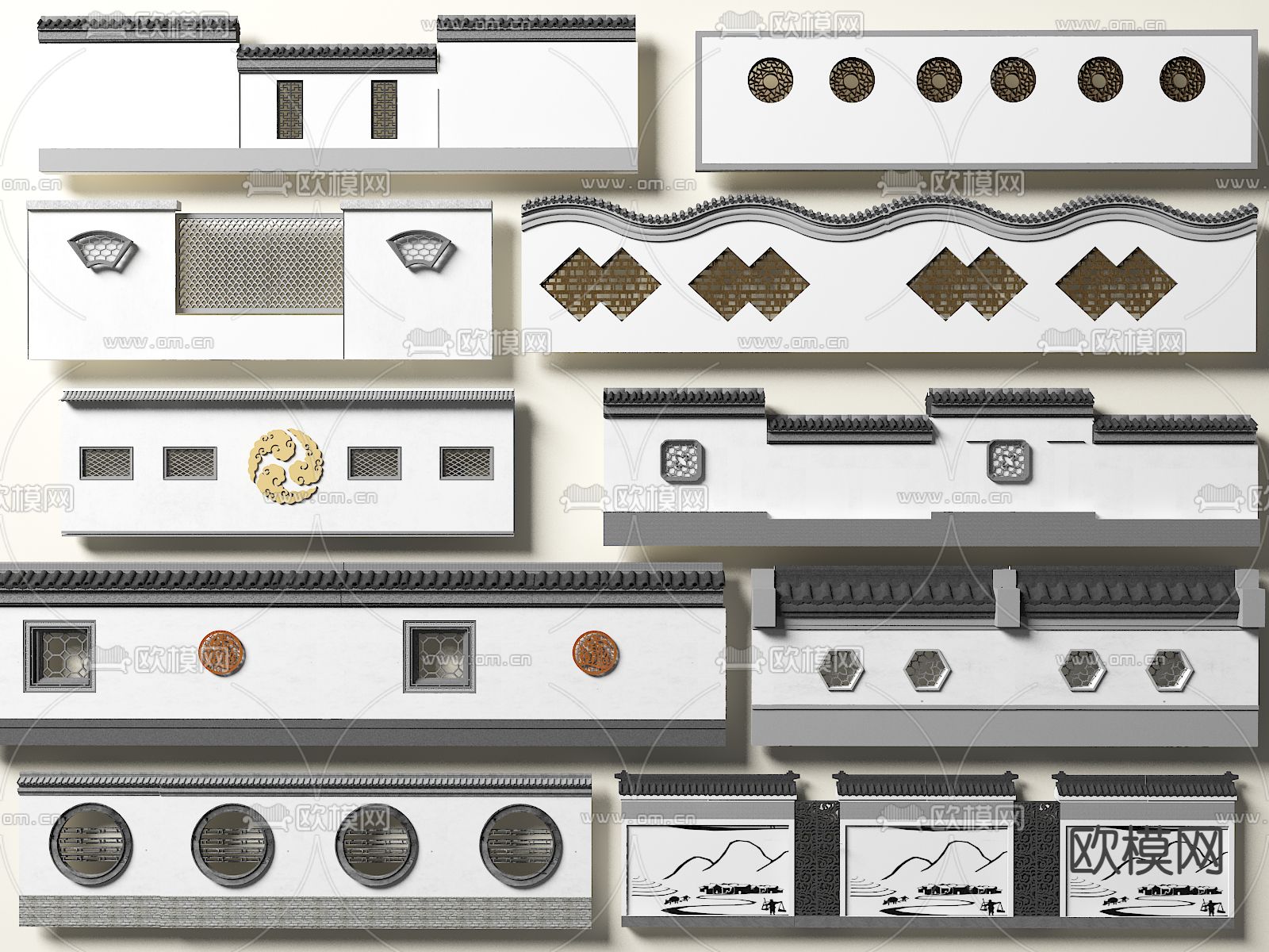 新中式围墙 马头墙 徽派墙 月洞门3d模型下载