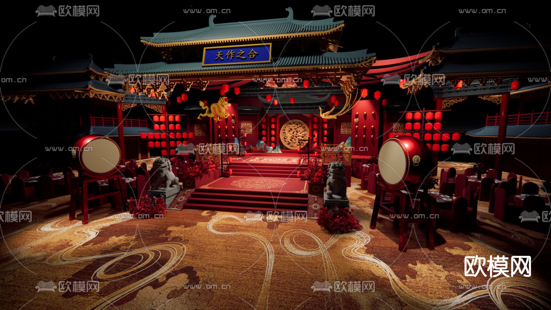 中式婚礼宴会厅su模型下载（渲染图3）