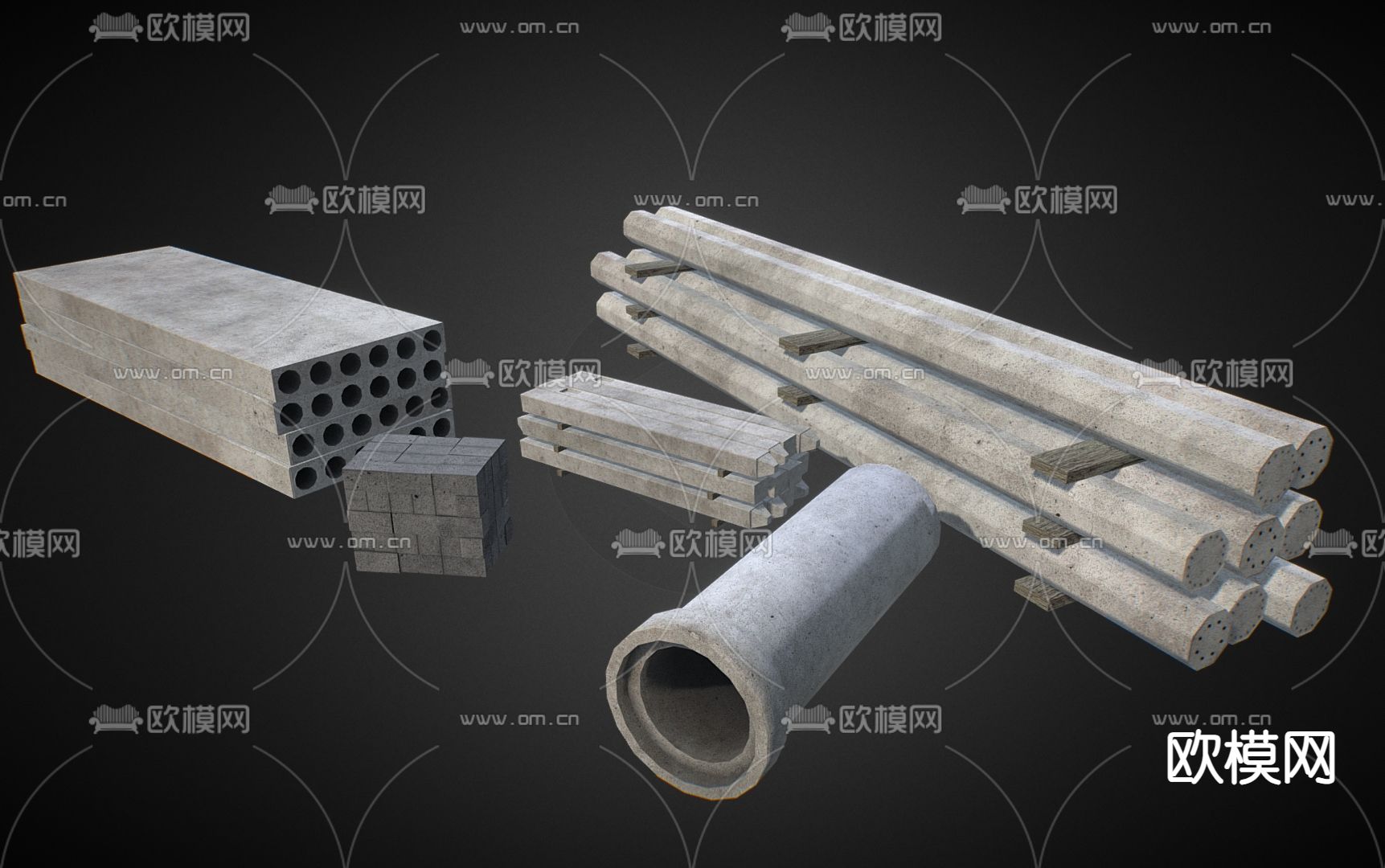 建筑材料 混凝土砌块 混凝土管道 水泥柱 混凝土板su模型下载（渲染图2）