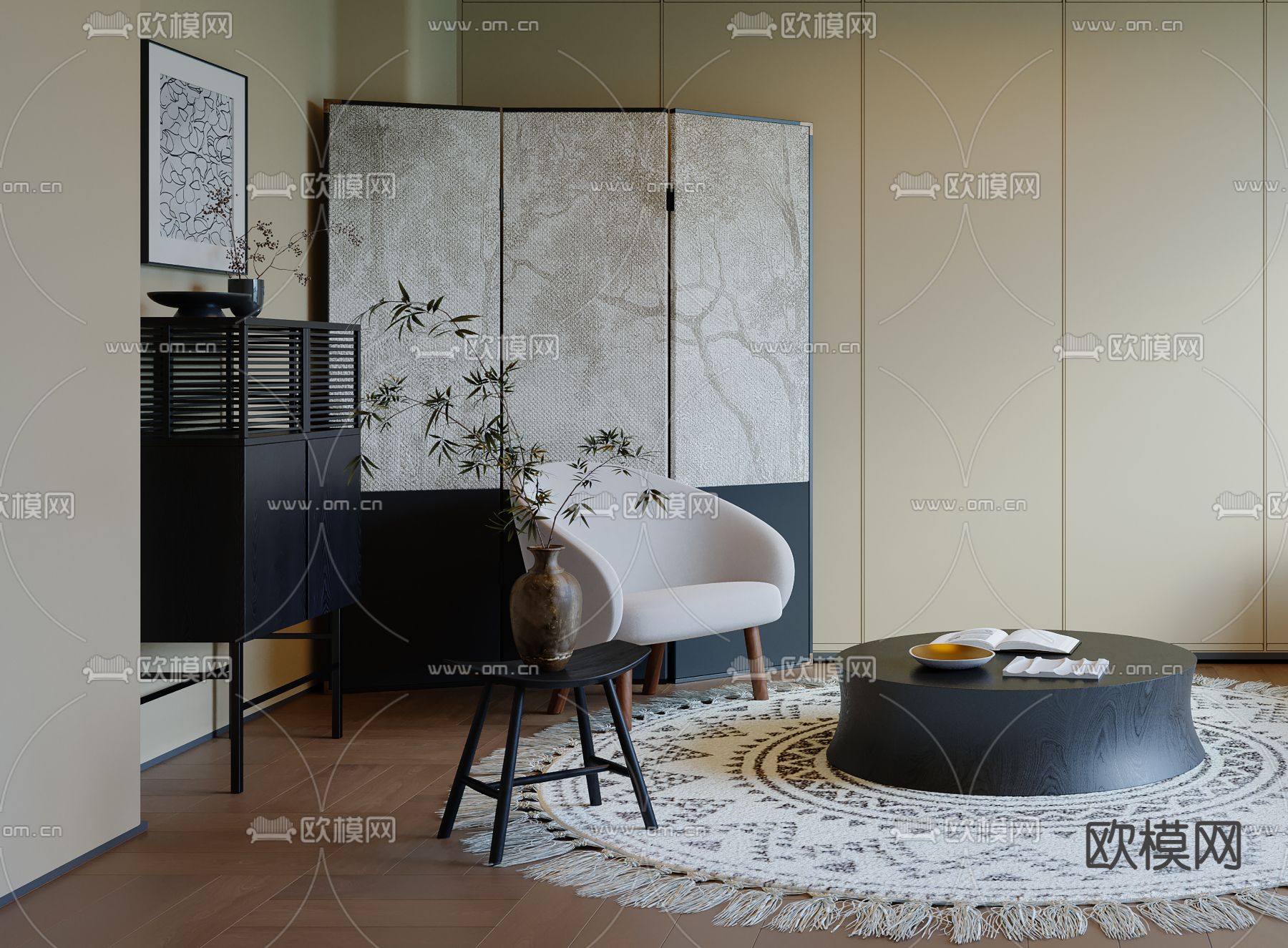 中古风屏风 碧画屏风3d模型下载