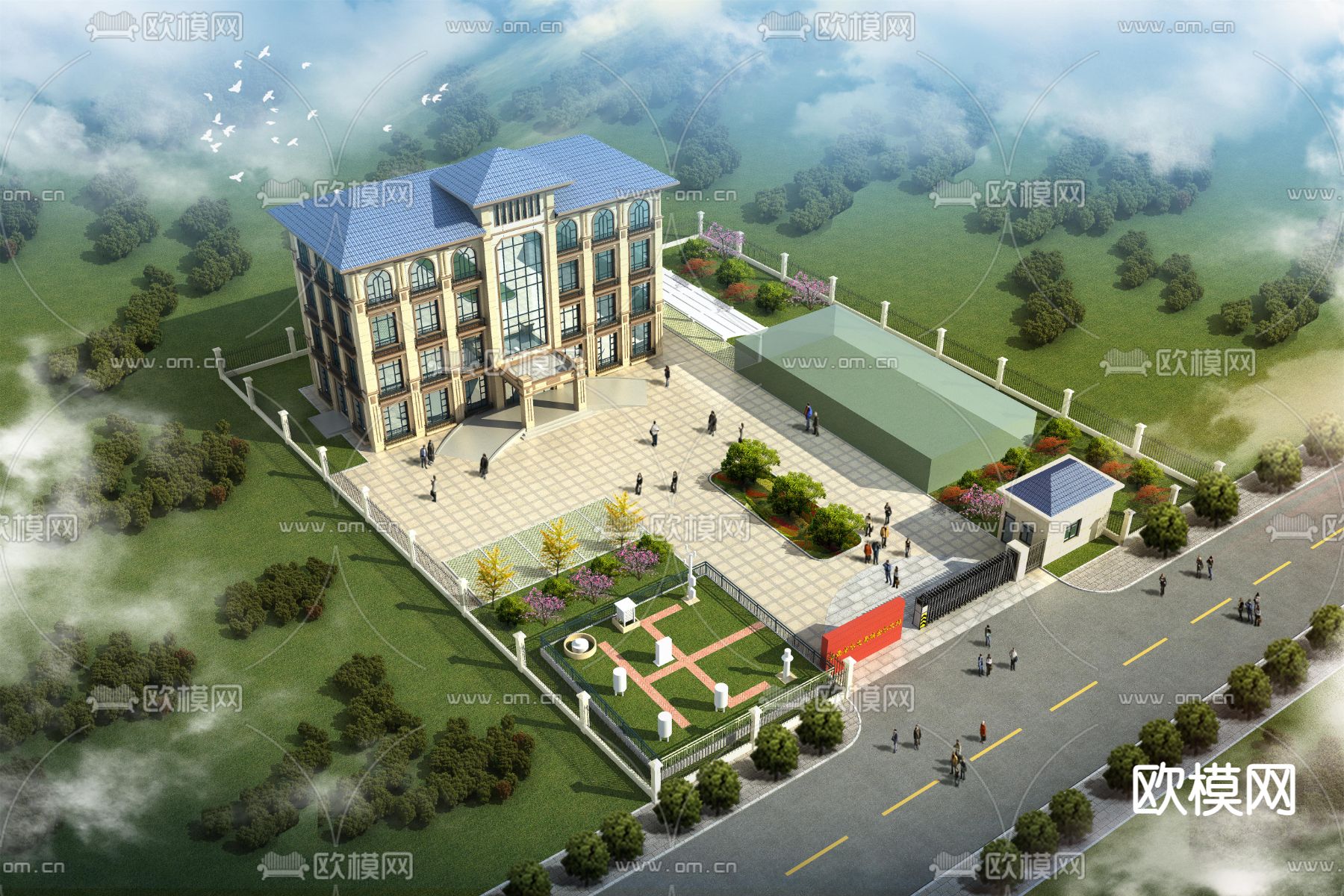 多层办公楼鸟瞰su模型下载（渲染图2）