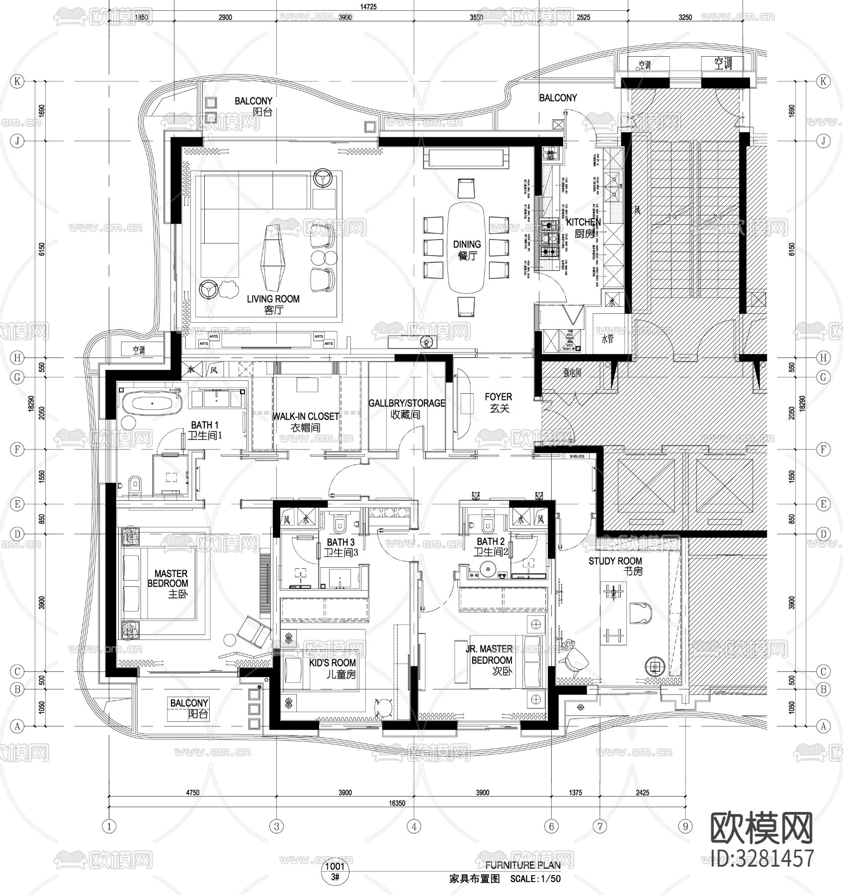家具布置强电弱电给排水插座空调布局cad施工图下载（渲染图5）