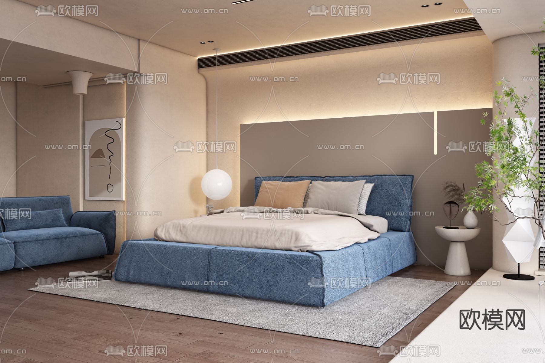 简欧卧室 主卧 主人房3d模型下载（渲染图2）