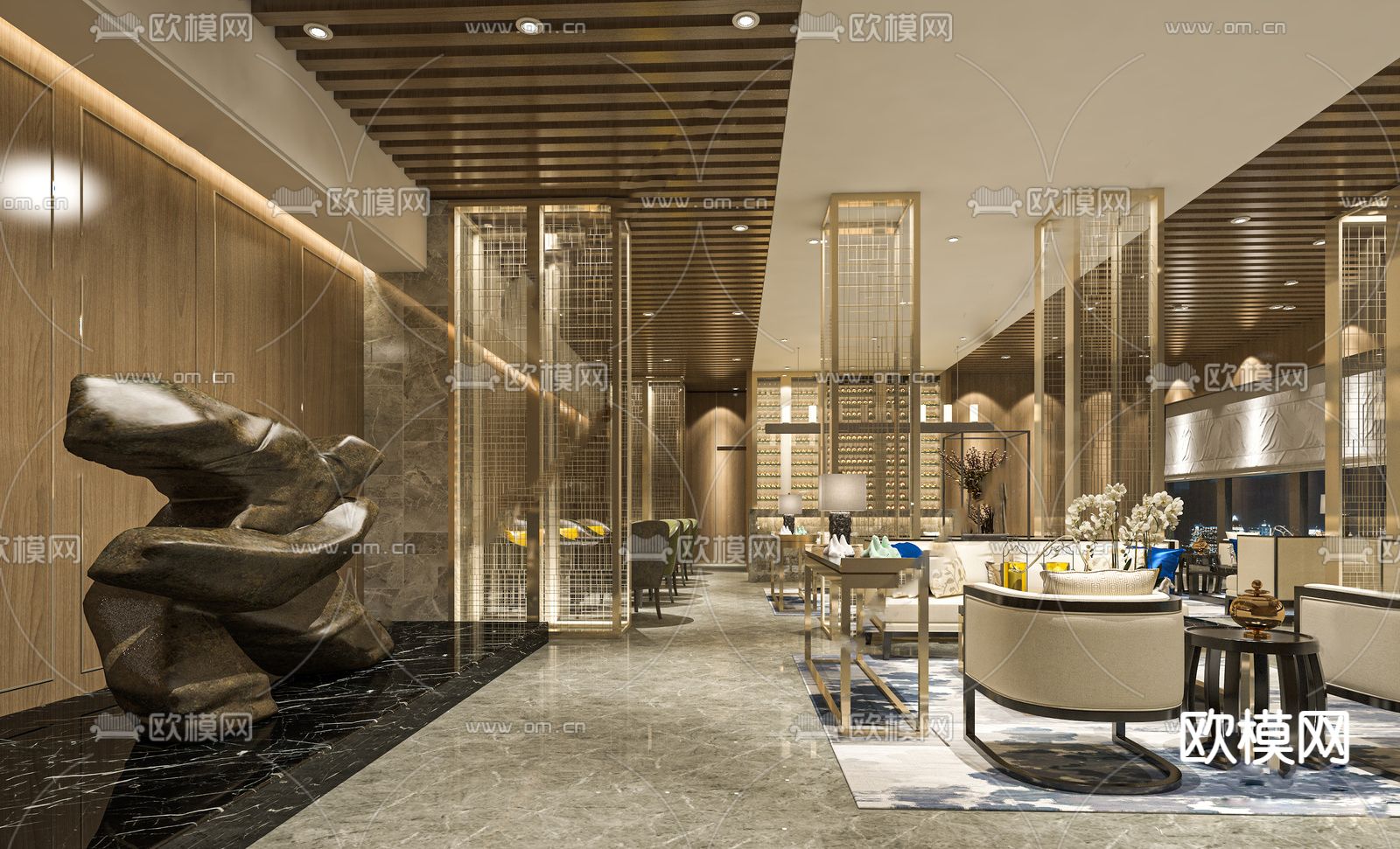 新中式足浴会所 大厅su模型下载（渲染图2）