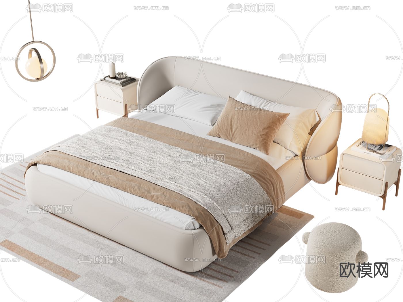 奶油风双人床3d模型下载