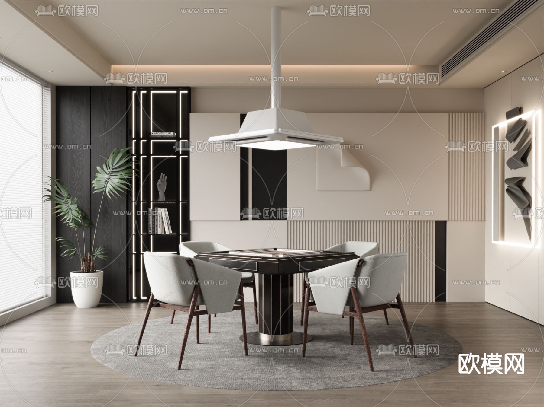 奶油风棋牌室 麻将室su模型下载（渲染图2）