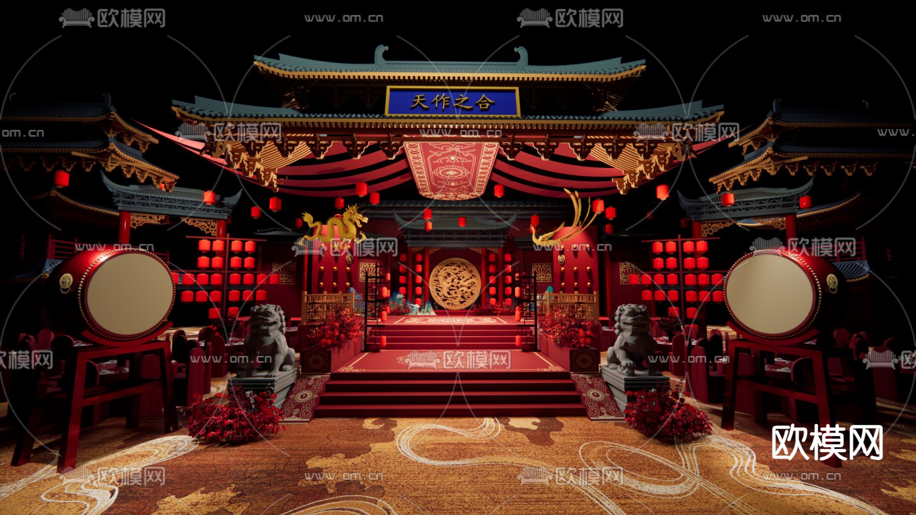 中式婚礼宴会厅su模型下载（渲染图4）